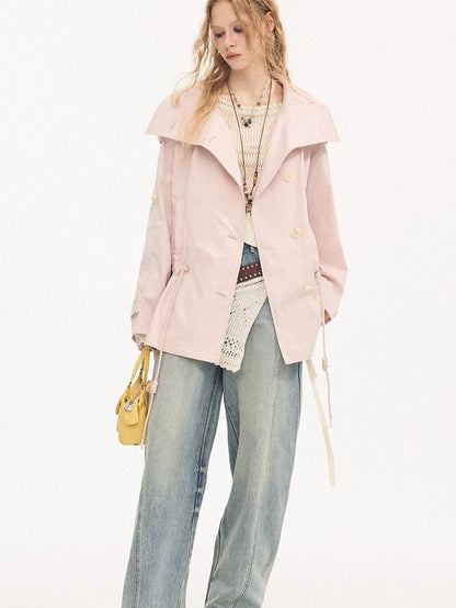 DIDDI MODA Solid Stand Collar Double Drawstring Waist Women&