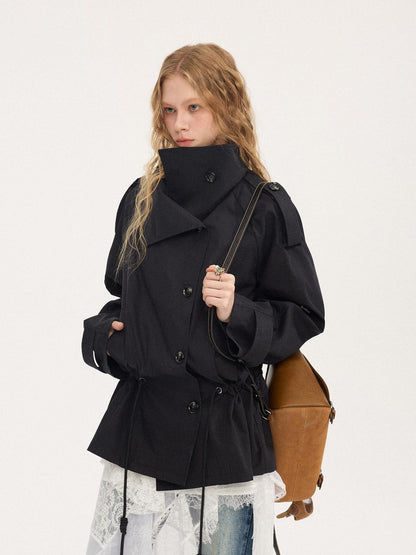 DIDDI MODA Solid Stand Collar Double Drawstring Waist Women&