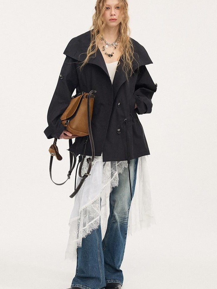 DIDDI MODA Solid Stand Collar Double Drawstring Waist Women&