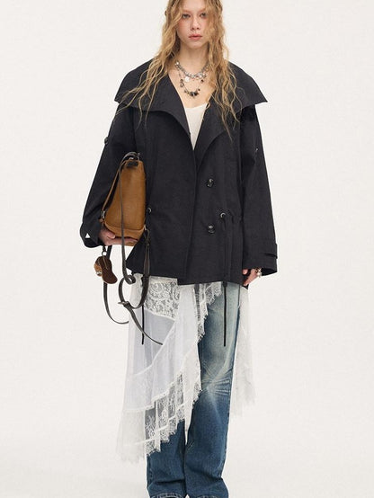 DIDDI MODA Solid Stand Collar Double Drawstring Waist Women&