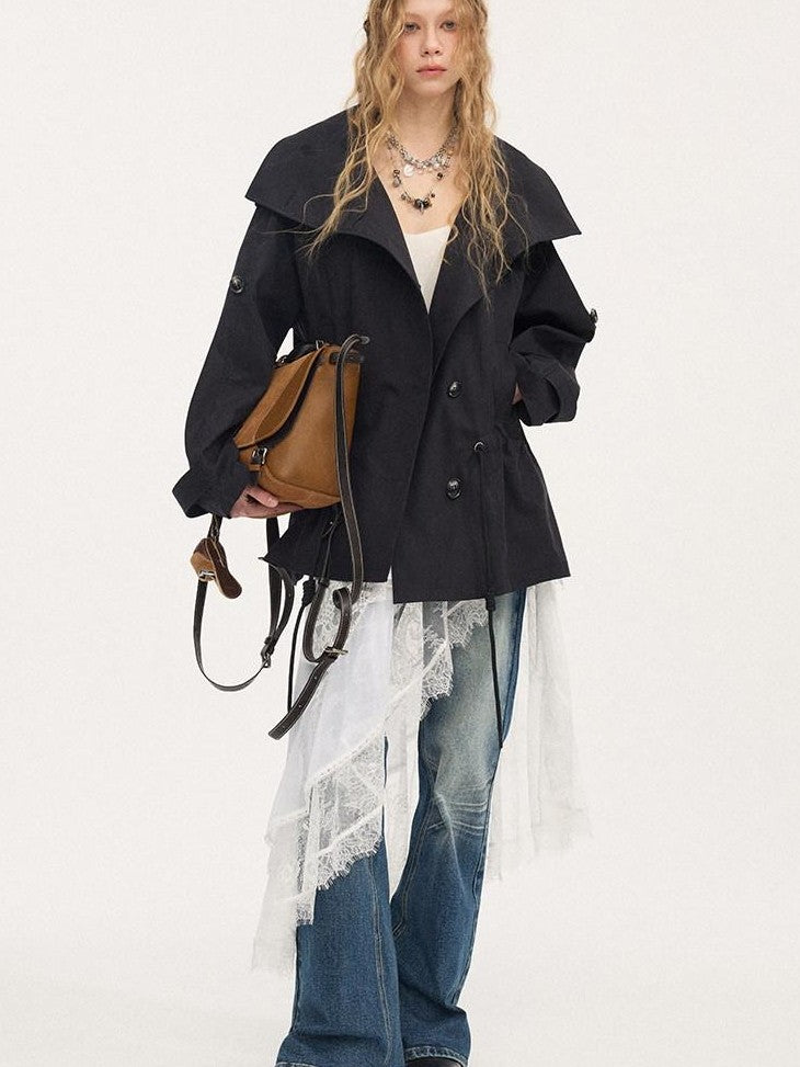 DIDDI MODA Solid Stand Collar Double Drawstring Waist Women&