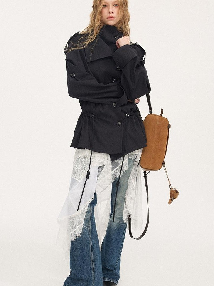 DIDDI MODA Solid Stand Collar Double Drawstring Waist Women&