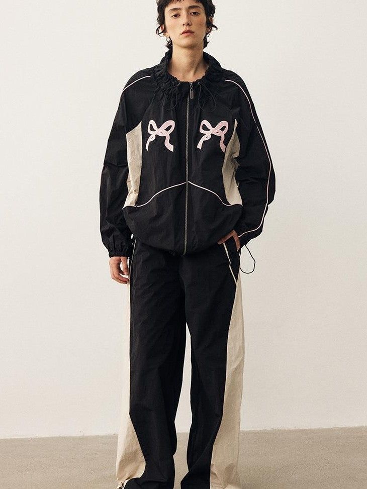 DIDDI MODA Sporty Bow Applique Embroidered Contrast Loose Uv Women&