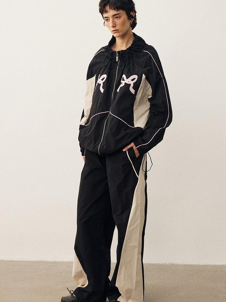 DIDDI MODA Sporty Bow Applique Embroidered Contrast Loose Uv Women&