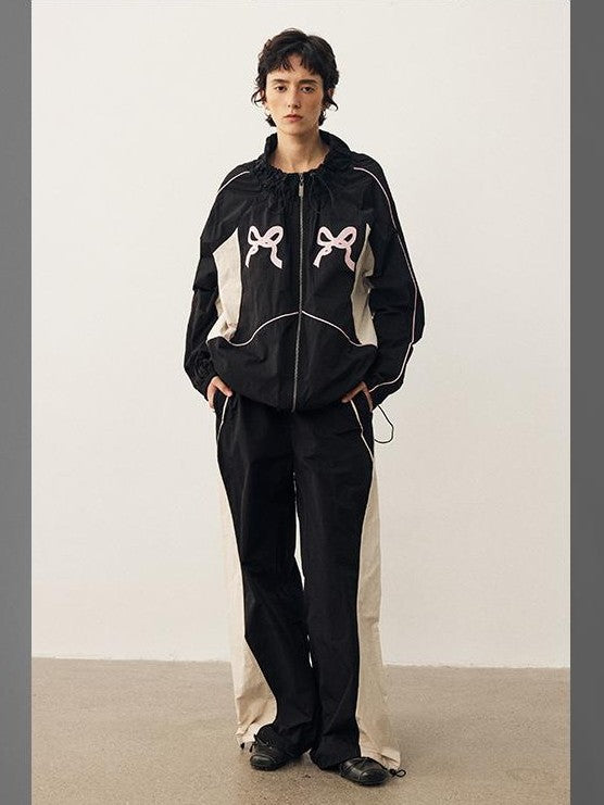 DIDDI MODA Sporty Bow Applique Embroidered Contrast Loose Uv Women&