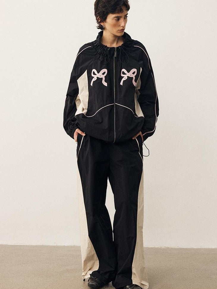 DIDDI MODA Sporty Bow Applique Embroidered Contrast Loose Uv Women&