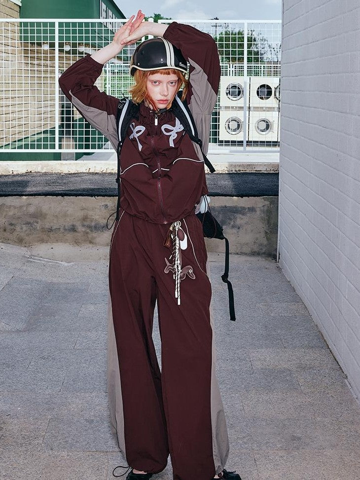 DIDDI MODA Sporty Bow Applique Embroidered Contrast Loose Uv Women&