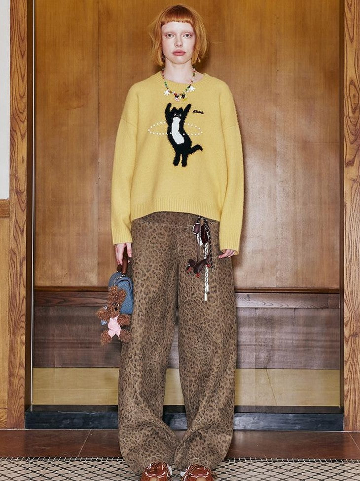 DIDDI MODA Sporty Fuzzy Kitten Graphic Loose Fit Women&