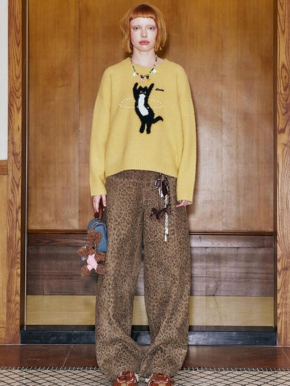 DIDDI MODA Sporty Fuzzy Kitten Graphic Loose Fit Women&