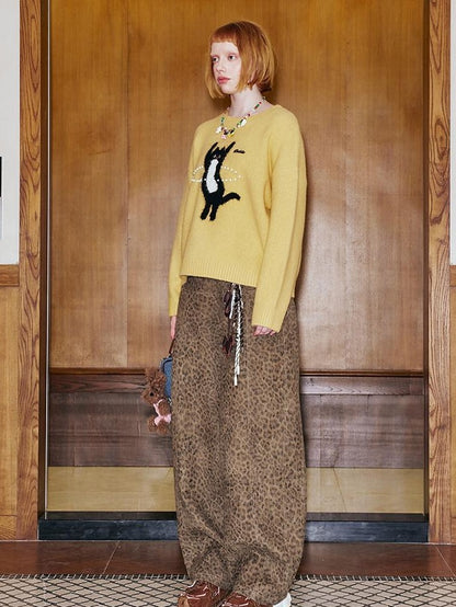 DIDDI MODA Sporty Fuzzy Kitten Graphic Loose Fit Women&