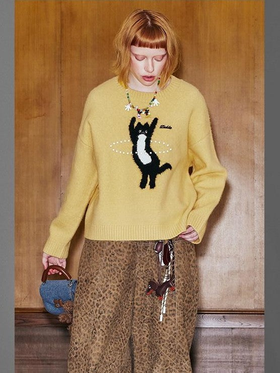 DIDDI MODA Sporty Fuzzy Kitten Graphic Loose Fit Women&