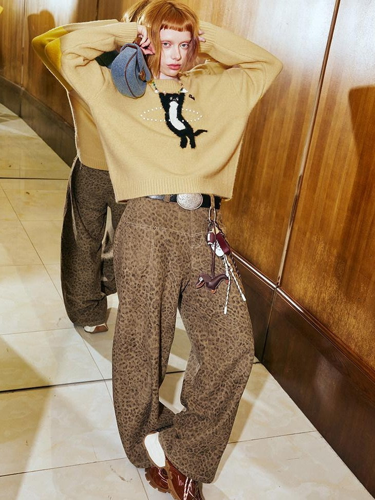 DIDDI MODA Sporty Fuzzy Kitten Graphic Loose Fit Women&