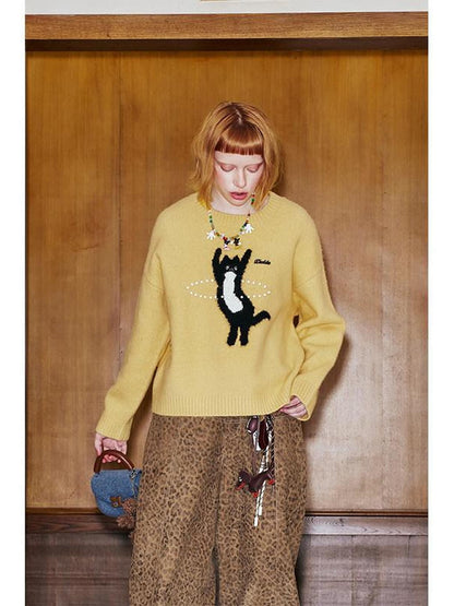 DIDDI MODA Sporty Fuzzy Kitten Graphic Loose Fit Women&