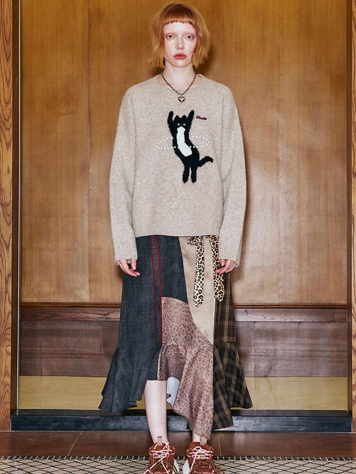 DIDDI MODA Sporty Fuzzy Kitten Graphic Loose Fit Women&