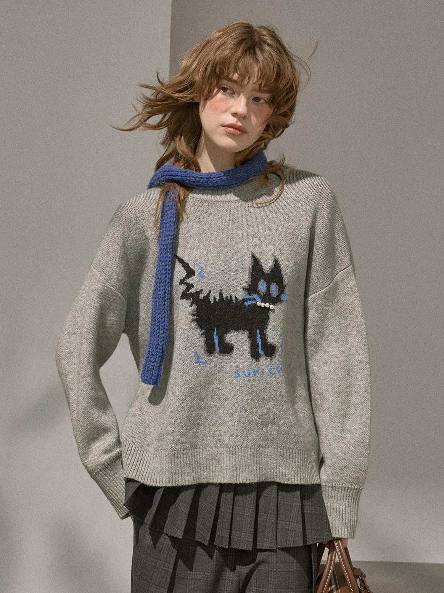 DIDDI MODA Sporty Fuzzy Kitten Graphic Loose Fit Women&