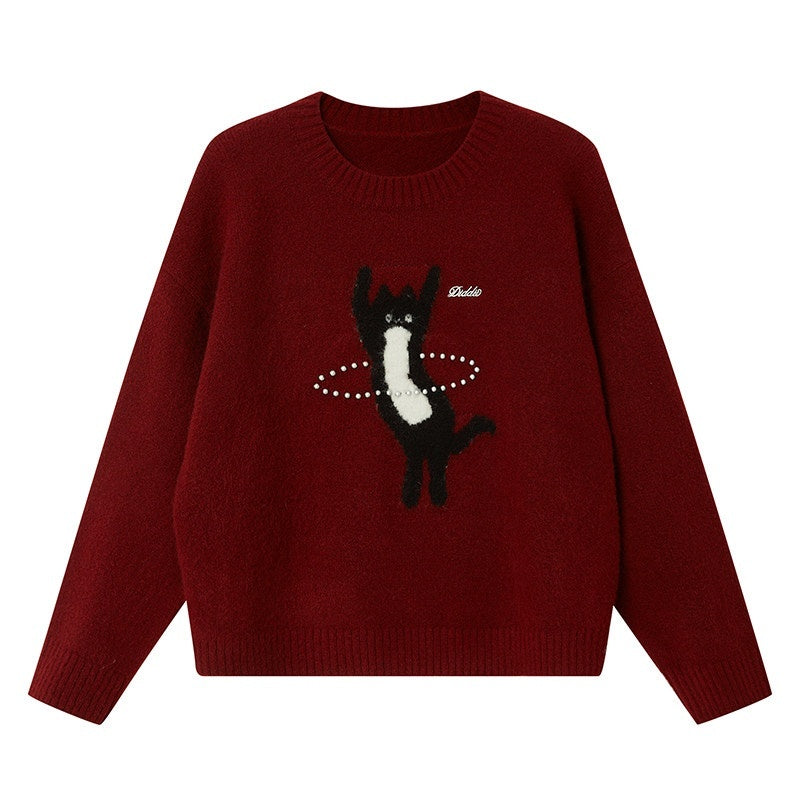 DIDDI_MODA_Sporty_Kitten_Laser_Bead_Knitted_Round_Neck_Women&