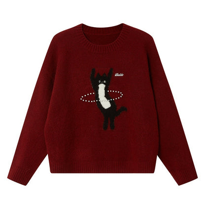 DIDDI_MODA_Sporty_Kitten_Laser_Bead_Knitted_Round_Neck_Women&