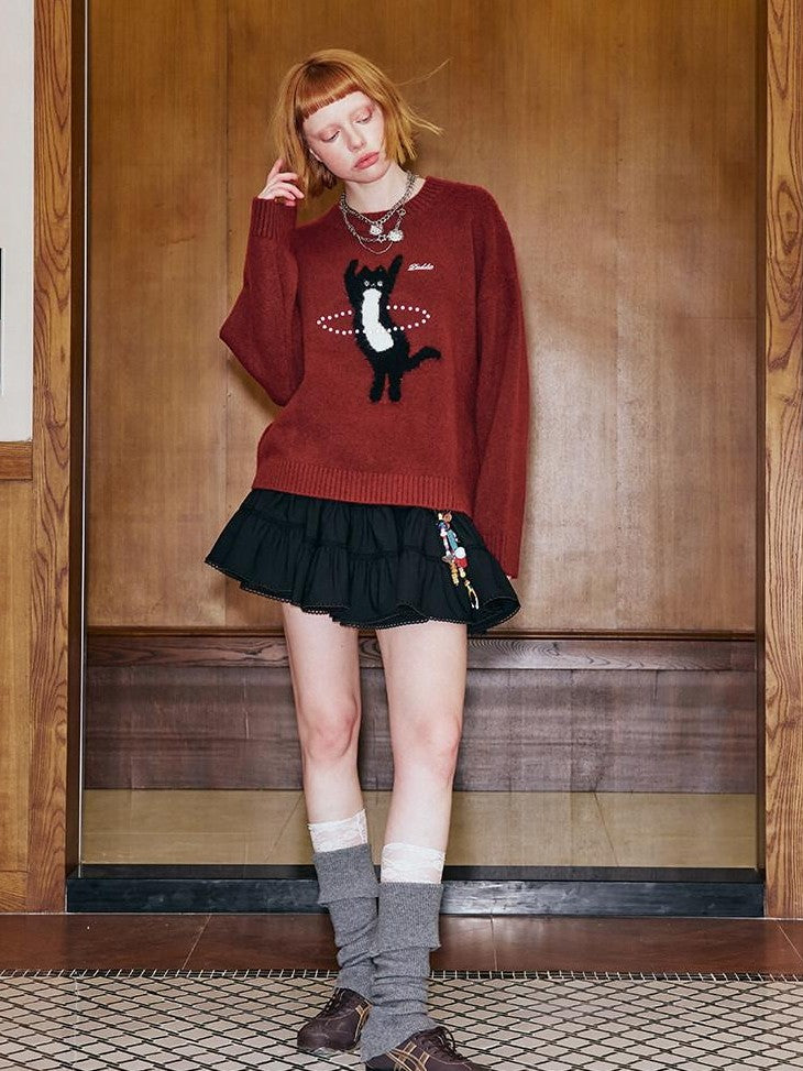 DIDDI MODA Sporty Kitten Laser Bead Knitted Round Neck Women&