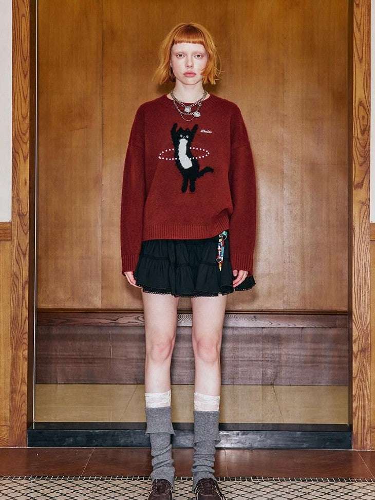 DIDDI MODA Sporty Kitten Laser Bead Knitted Round Neck Women&