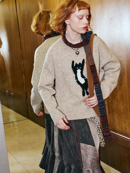 DIDDI MODA Sporty Kitten Laser Bead Knitted Round Neck Women&