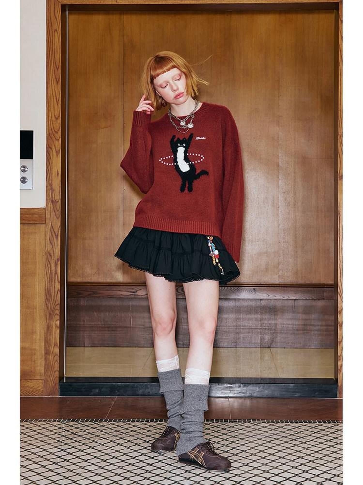 DIDDI MODA Sporty Kitten Laser Bead Knitted Round Neck Women&