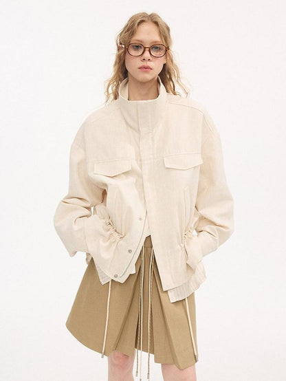 DIDDI MODA Stand Collar Drawcord Faux Two Piece Women&