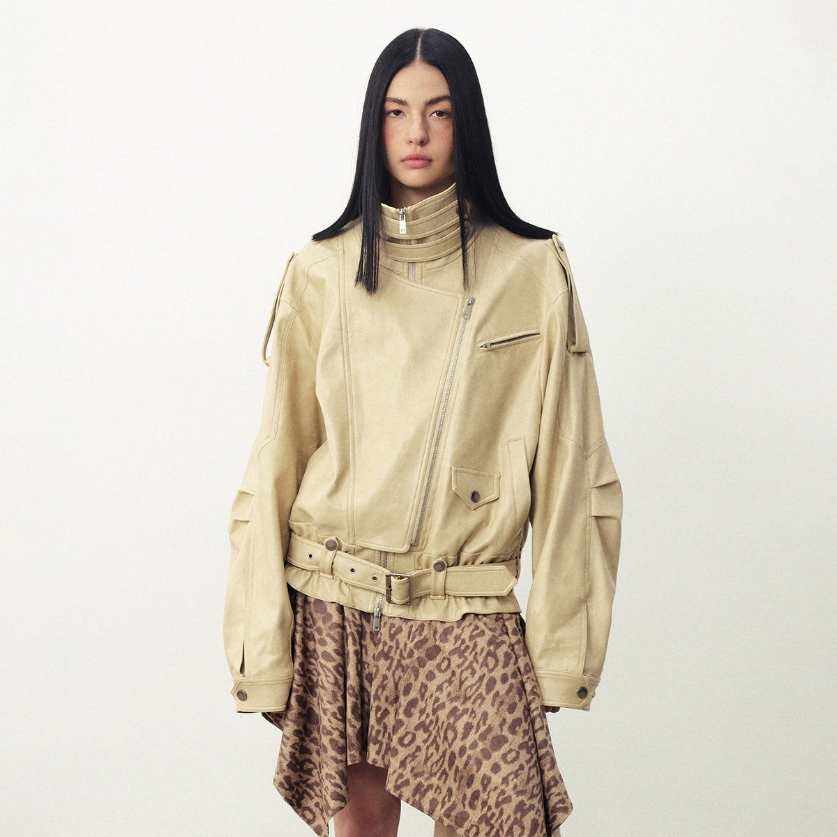 DIDDI_MODA_Stand_Collar_Structured_Seam_Cinched_Waist_Loose_Women&