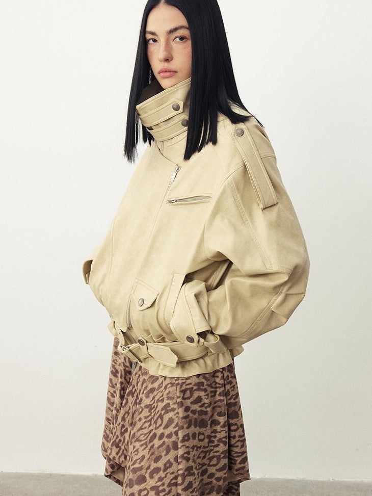 DIDDI MODA Stand Collar Structured Seam Cinched Waist Loose Women&