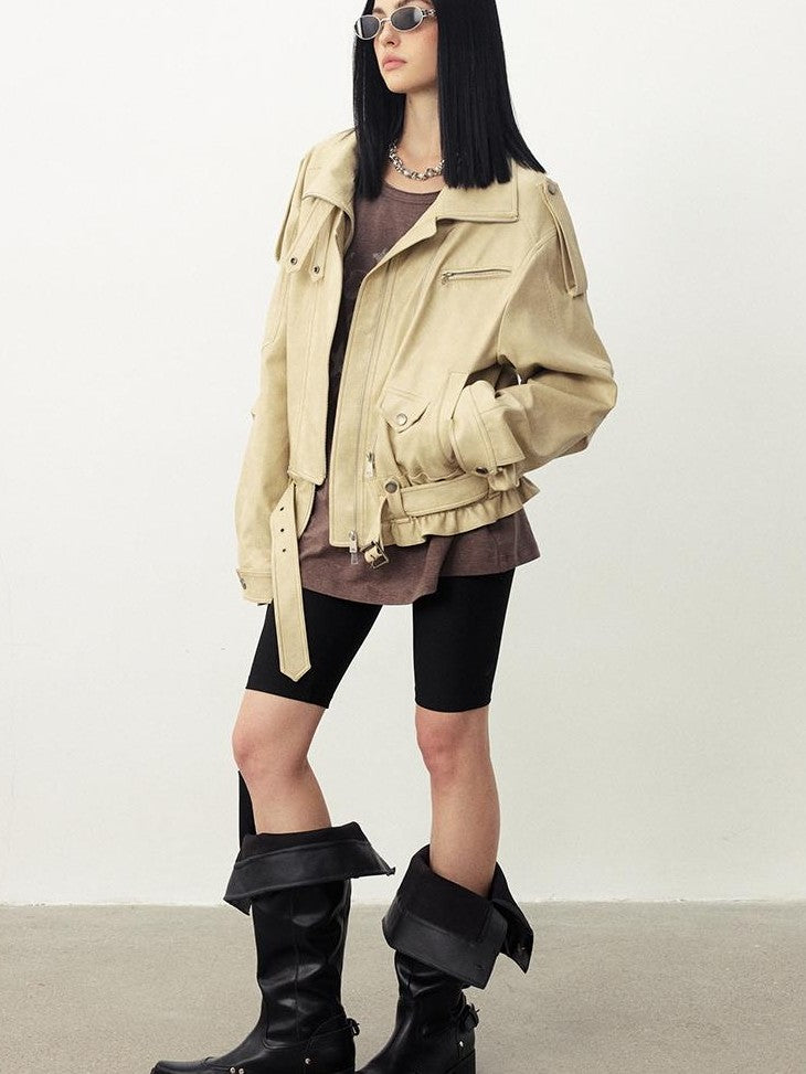 DIDDI MODA Stand Collar Structured Seam Cinched Waist Loose Women&