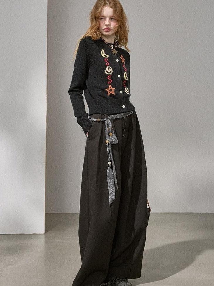 DIDDI MODA Star Moon Knit Contrast Panel Cropped Round Neck Women&