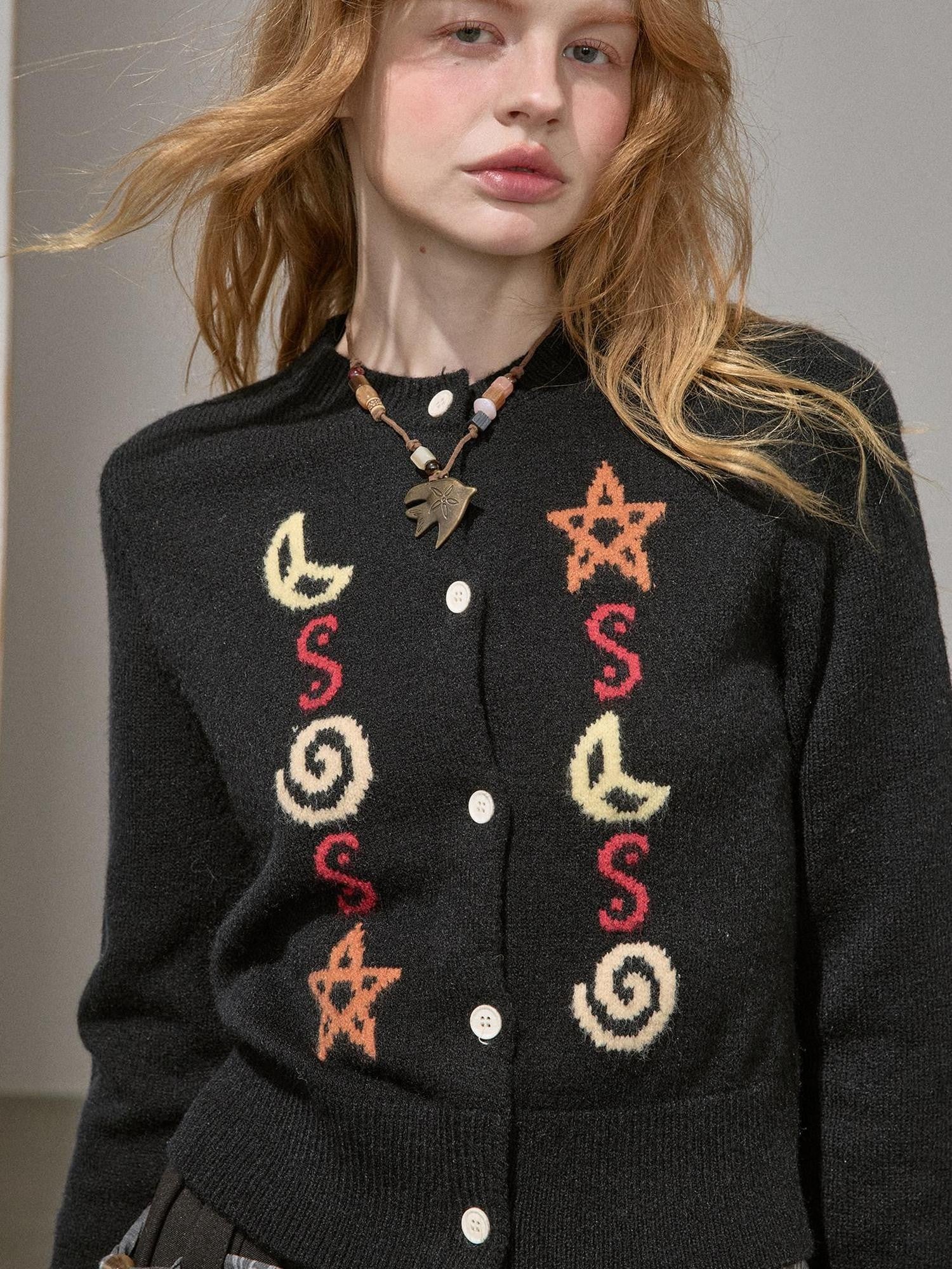 DIDDI MODA Star Moon Knit Contrast Panel Cropped Round Neck Women&