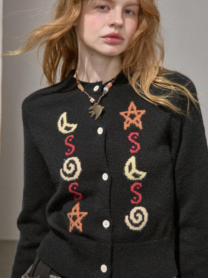 DIDDI MODA Star Moon Knit Contrast Panel Cropped Round Neck Women&