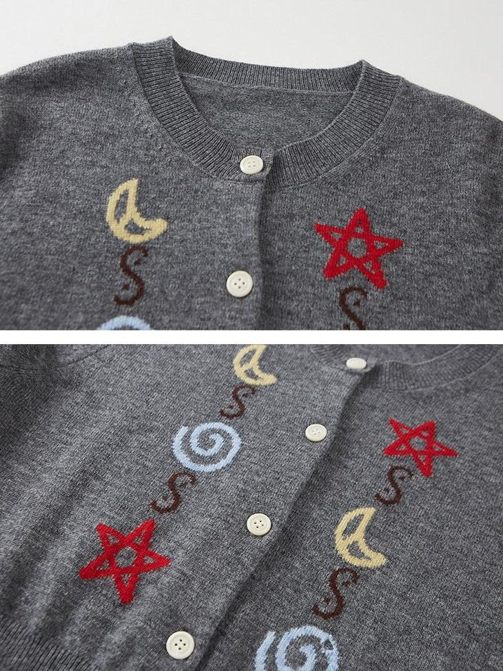 DIDDI MODA Star Moon Knit Contrast Panel Cropped Round Neck Women&
