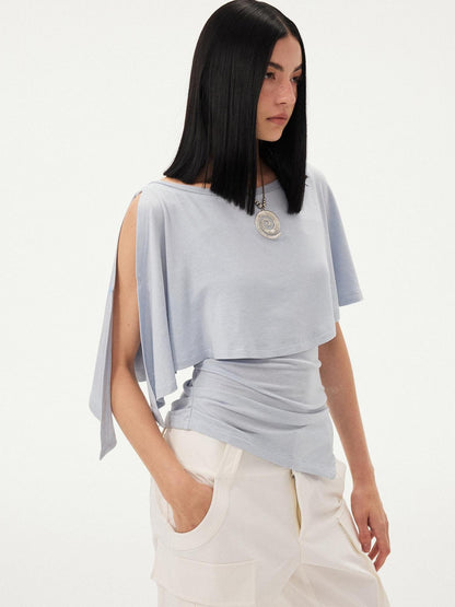 DIDDI MODA Striped Asymmetric Cape Slim Faux Layer Batwing Women&