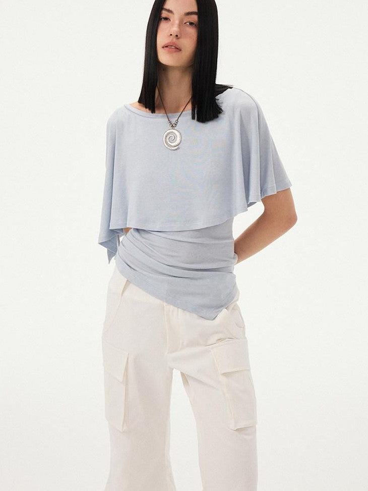 DIDDI MODA Striped Asymmetric Cape Slim Faux Layer Batwing Women&