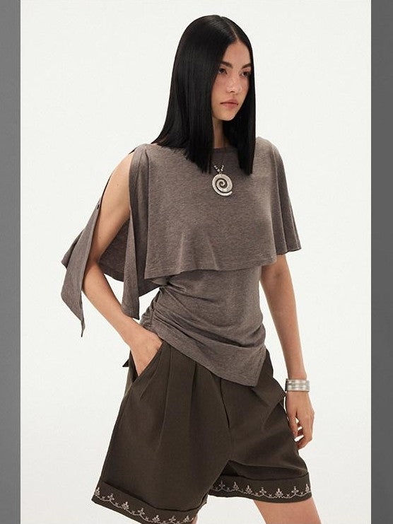 DIDDI MODA Striped Asymmetric Cape Slim Faux Layer Batwing Women&