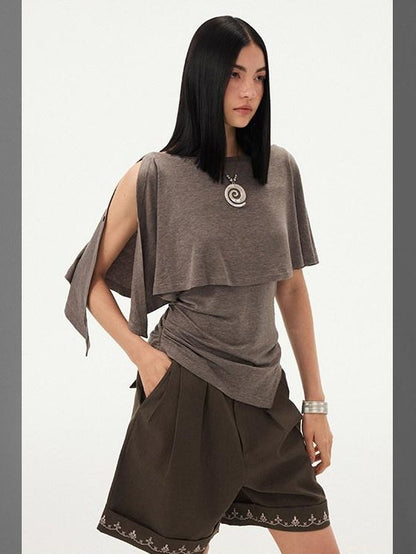 DIDDI MODA Striped Asymmetric Cape Slim Faux Layer Batwing Women&