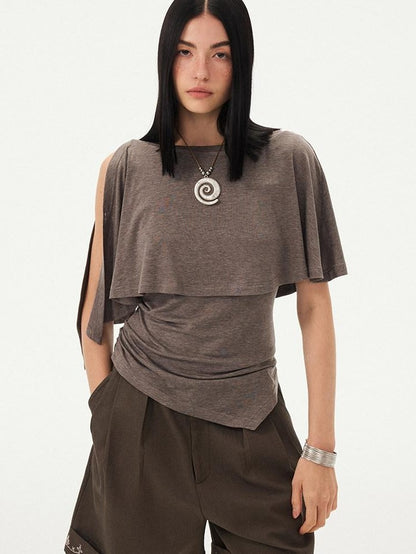 DIDDI MODA Striped Asymmetric Cape Slim Faux Layer Batwing Women&