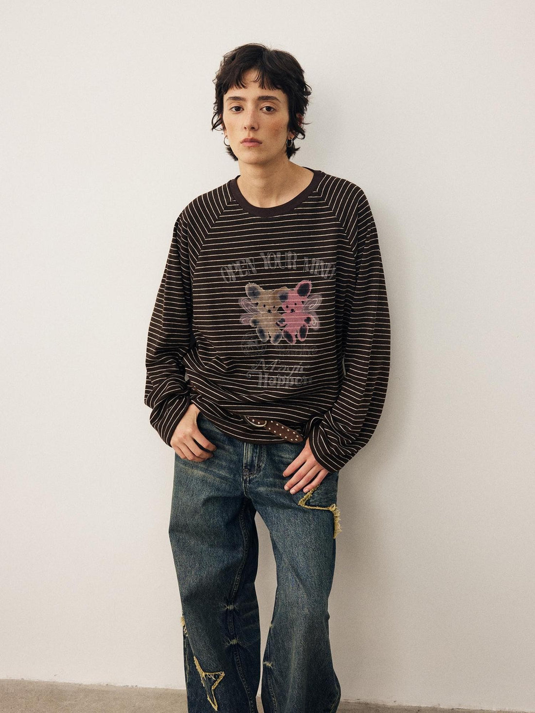 DIDDI MODA Striped Bear Print Round Neck Women&