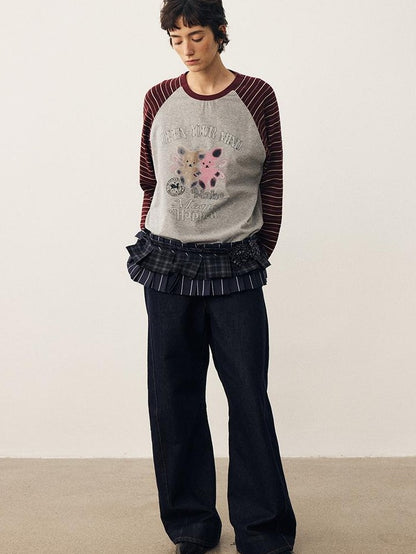 DIDDI MODA Striped Bear Print Round Neck Women&