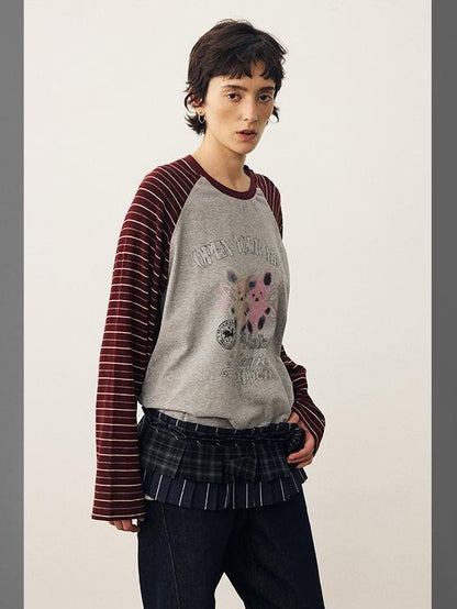 DIDDI MODA Striped Bear Print Round Neck Women&
