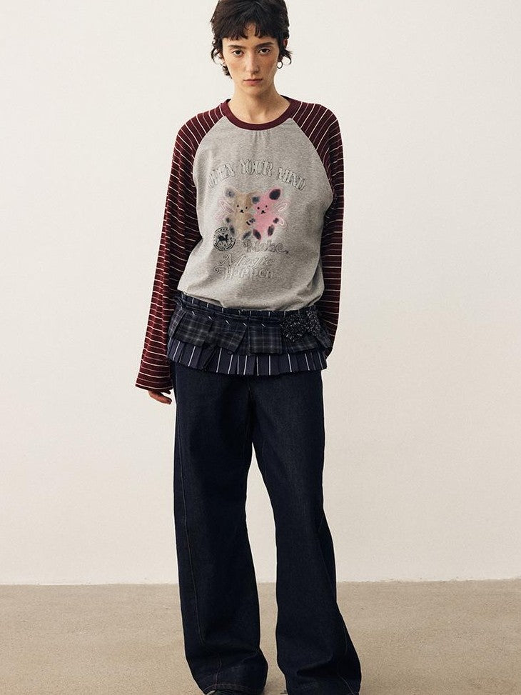 DIDDI MODA Striped Bear Print Round Neck Women&