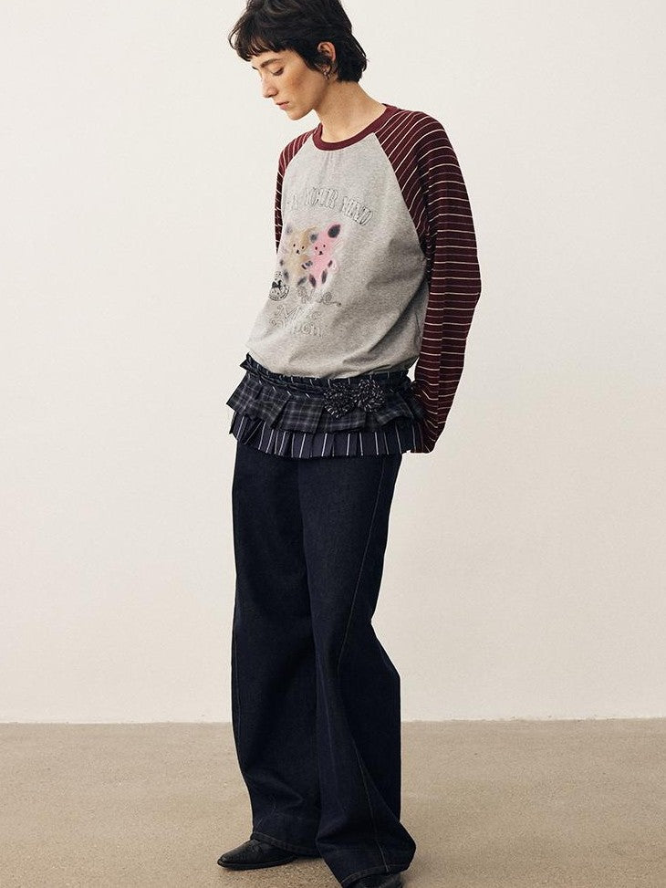 DIDDI MODA Striped Bear Print Round Neck Women&