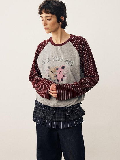DIDDI MODA Striped Bear Print Round Neck Women&