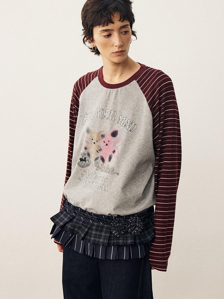 DIDDI MODA Striped Bear Print Round Neck Women&
