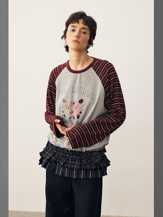 DIDDI MODA Striped Bear Print Round Neck Women&