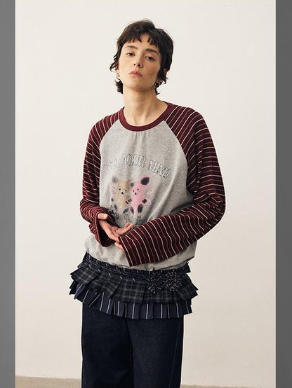 DIDDI MODA Striped Bear Print Round Neck Women&