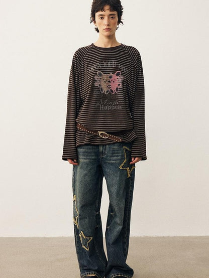 DIDDI MODA Striped Bear Print Round Neck Women&