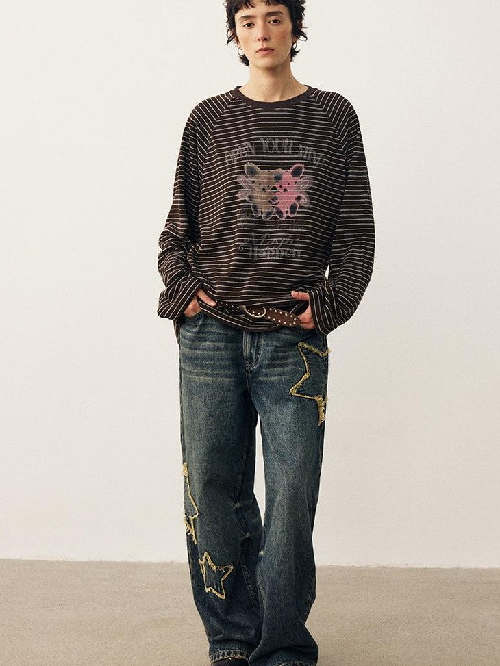 DIDDI MODA Striped Bear Print Round Neck Women&