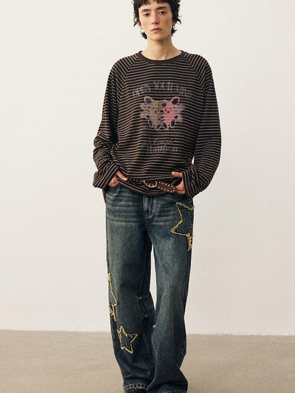 DIDDI MODA Striped Bear Print Round Neck Women&